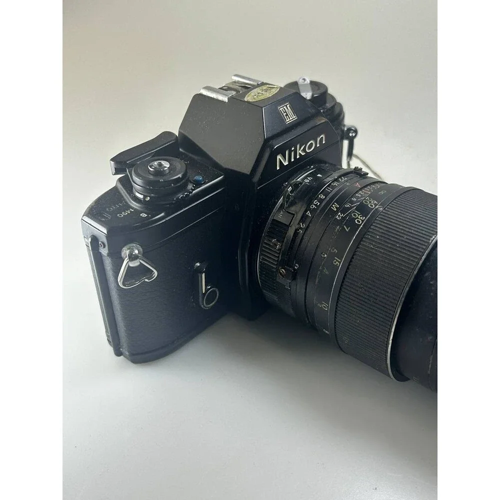 UNTESTED AS IS Nikon EM 35mm SLR Film Camera with Aetna Rokunar YS 135mm f/2.8 L